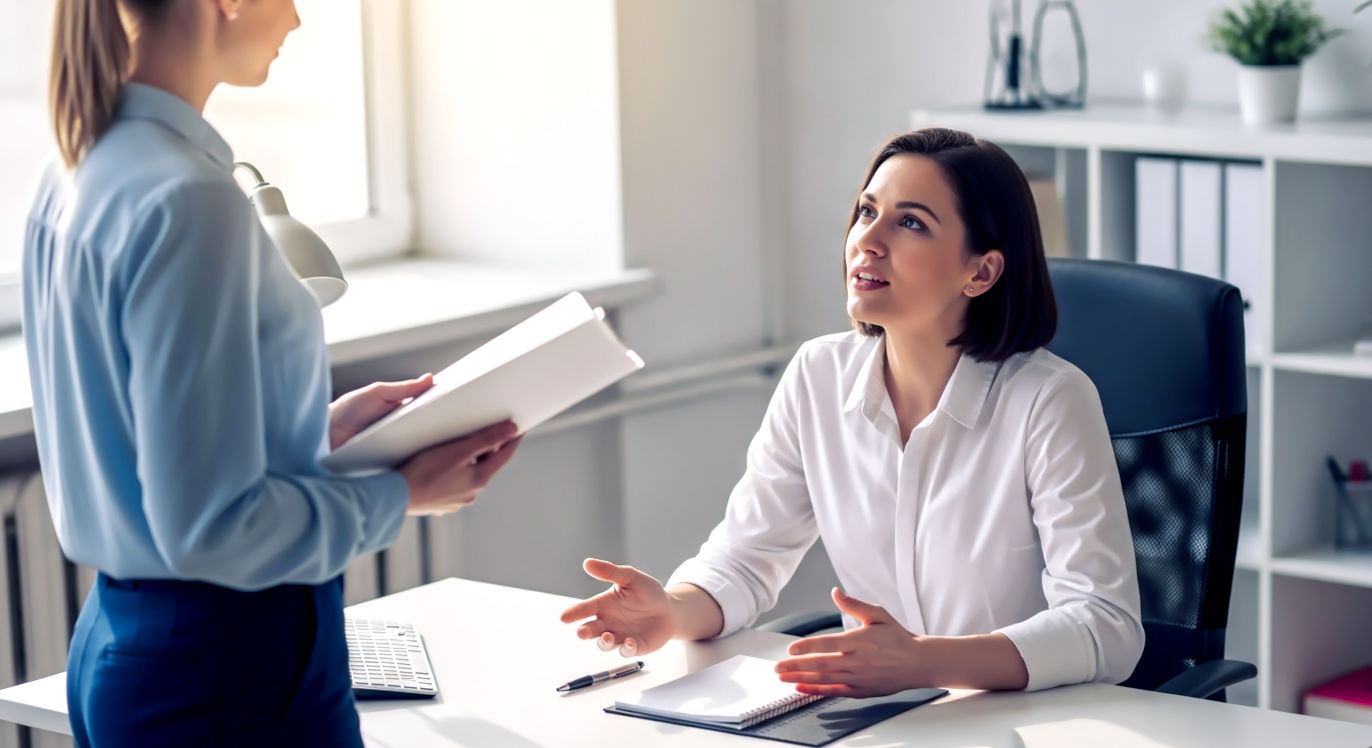 A bright, eye-level professional photograph of two colleagues in a sunlit, modern office. One person is sitting at their clean desk, looking up calmly and confidently at a coworker who is standing beside the desk holding a folder. The person at the desk has open, relaxed body language but is speaking with a polite, firm expression, clearly in the middle of a "polite pivot." The standing colleague is listening, looking thoughtful and not offended. The desk has a notepad and pen, signifying organization. The overall lighting is natural and warm, and the mood is one of mutual respect, clarity, and professionalism.