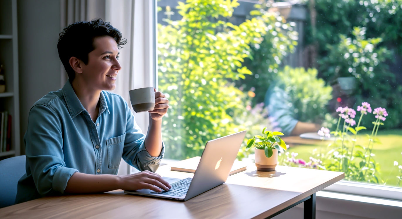 A professional, lifelike photograph. A person sits at a clean, modern wooden desk in a bright, airy home office. They are smiling and relaxed, taking a sip from a coffee mug. One hand rests on a laptop, but they are looking out the window at a green, sunlit garden. The scene feels calm, focused, and in control. The lighting is soft and natural, evoking a sense of peace and productivity. This image captures the core theme of calm integration, not chaotic juggling.
