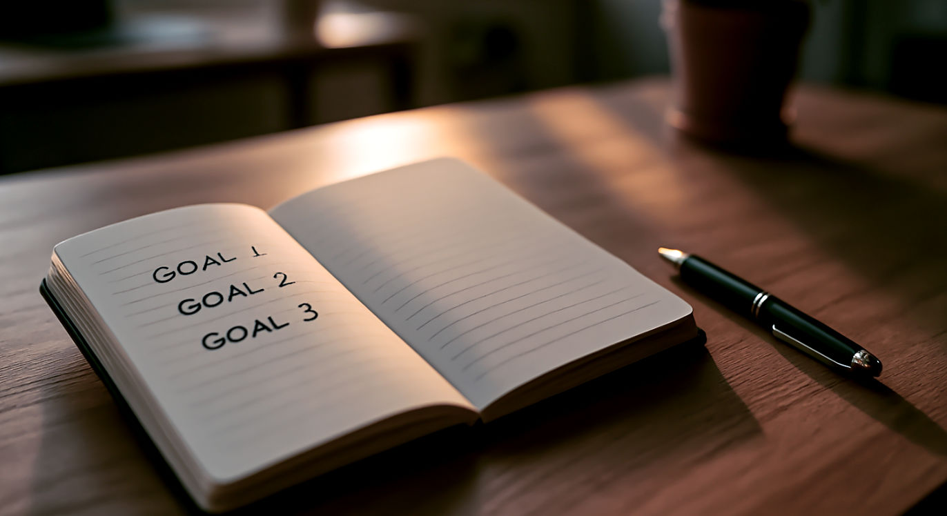 Professional DSLR photo, 16:9, golden-hour side light. Subject: A modern, clean wooden desk. Foreground: A high-quality, open notebook with a "Goal 1, Goal 2, Goal 3" list written in neat handwriting, next to a sleek pen. Background: A bright, slightly blurred office or home-office environment with a healthy plant. Mood: "Productive"
