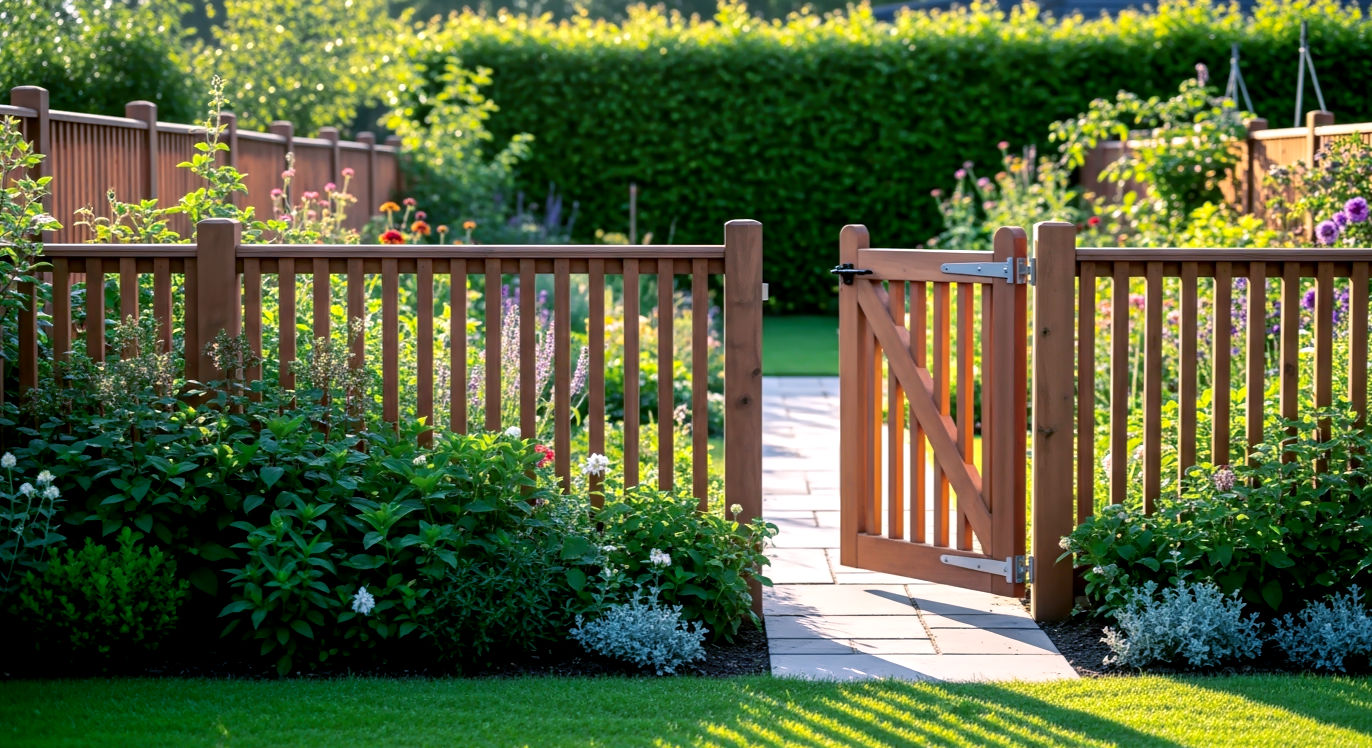 A professional, lifelike photograph capturing the theme of healthy boundaries. The image shows a beautifully maintained, green garden (representing a person's life and energy) enclosed by a stylish, well-kept wooden fence (representing the boundary). There is a clearly visible, open gate in the fence, with a clean stone path leading through it, symbolizing that the boundary is not a wall, but a healthy, welcoming, and intentional way to manage relationships. The lighting is soft, warm, and natural (golden hour), evoking a feeling of peace, safety, and respect. The mood is calm and positive.