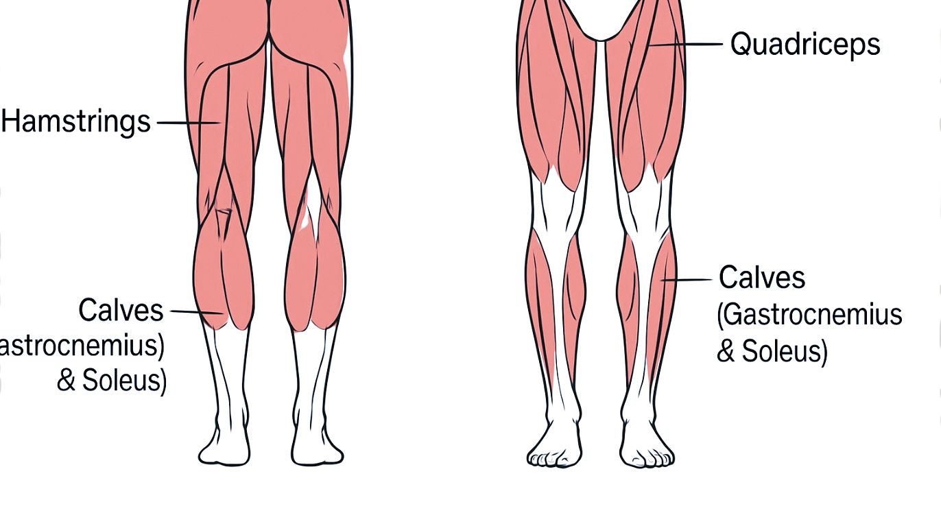 Clean, clinical anatomical diagram, 16:9, white background. Subject: Posterior and anterior (back and front) views of the human leg musculature. Style: Minimalist, authoritative, textbook/encyclopedia style. Labels: Clean, sans-serif labels pointing clearly to the four key muscle groups: "Quadriceps," "Hamstrings," "Glutes," and "Calves (Gastrocnemius & Soleus)." Mood: Informational Note: No photos. Use a simple, two-color palette (e.g., black lines, red for muscles). Must be clear and easy to read.
