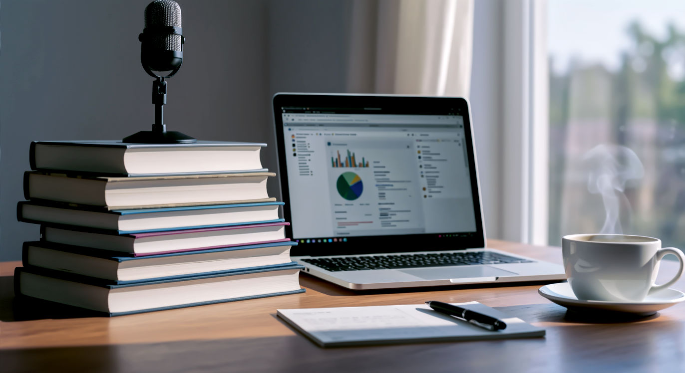 > Professional DSLR photo, 16:9, golden-hour side light. > **Subject**: A beautifully organized pyramid of diverse content forms: a stack of books at the base, an open laptop displaying a blog post in the middle, and a single microphone atop, symbolizing different content levels. > **Foreground**: A warm cup of coffee and a pen resting on a notepad. > **Background**: A slightly blurred, minimalist creative workspace with natural light. > **Mood**: Productive