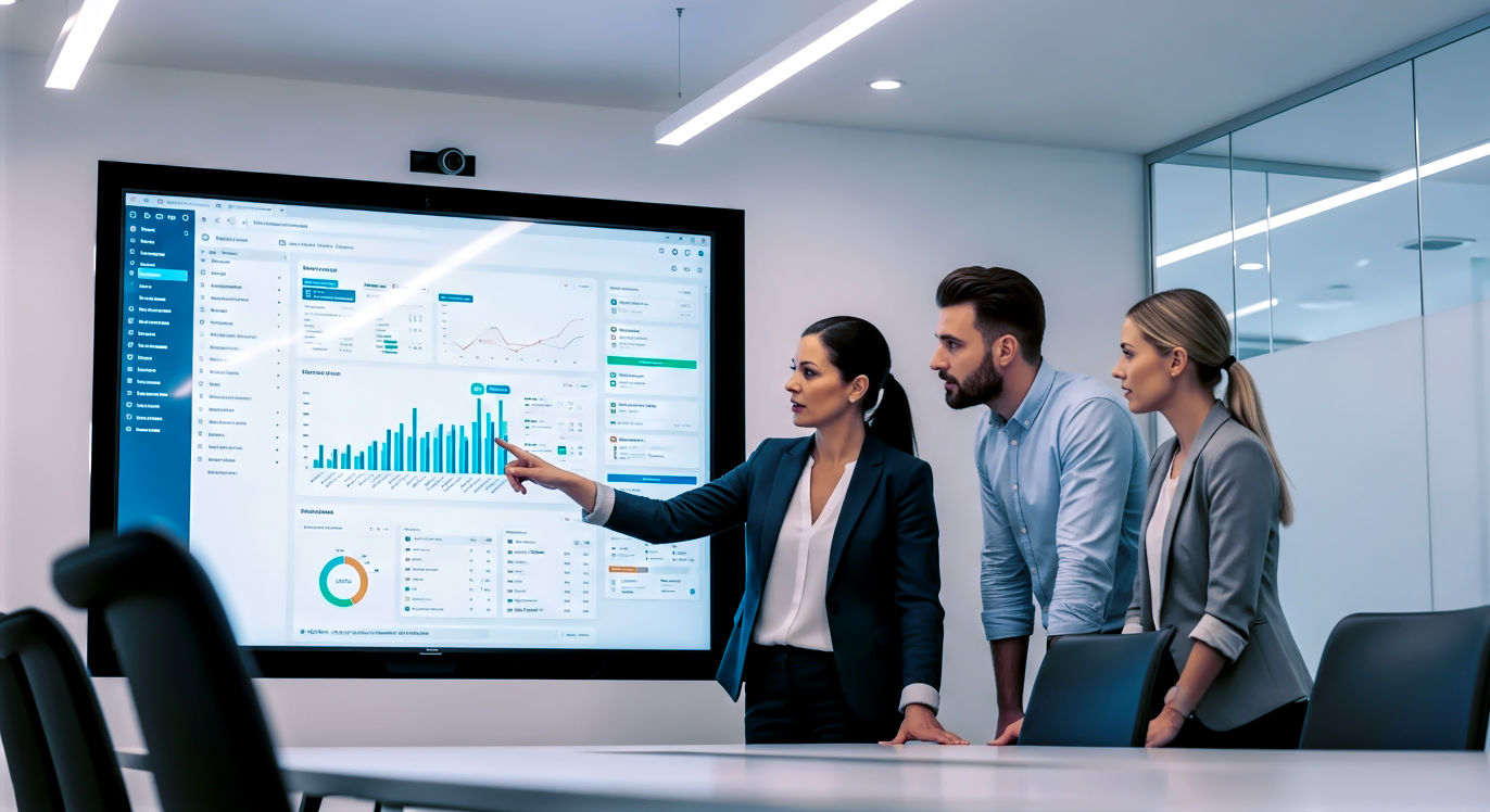 A professional, realistic, eye-level photograph. A small group of three sales professionals (a manager and two reps) are gathered in a modern conference room. They are looking intently at a large wall-mounted screen displaying complex, data-filled charts and graphs (like a CRM dashboard). Their expressions are focused, serious, and analytical, capturing the mood of a deep internal audit and diagnosis. One person is pointing to a specific data point on the screen. The lighting is bright, clean office lighting.