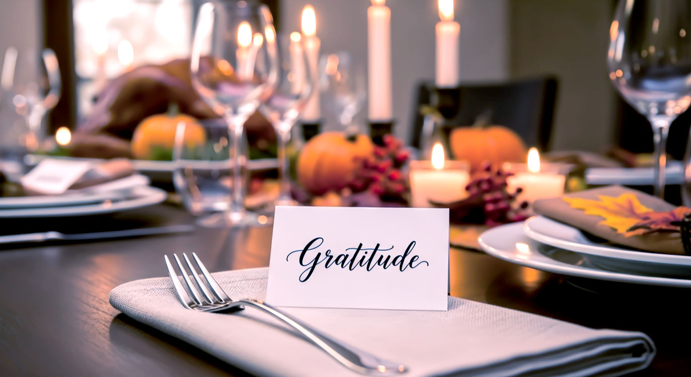 Professional DSLR photo, 16:9, warm golden-hour side light. Subject: A beautifully set Thanksgiving table, just before guests arrive. Foreground: A single, elegant white place card with "Gratitude" handwritten in calligraphy, next to a polished fork on a linen napkin. Background: The rest of the table is warm and inviting, slightly blurred, with hints of a turkey platter, flickering candles, and autumn-colored centerpieces. Mood: Grateful. Note: NO text (other than on the place card), NO abstract graphics.