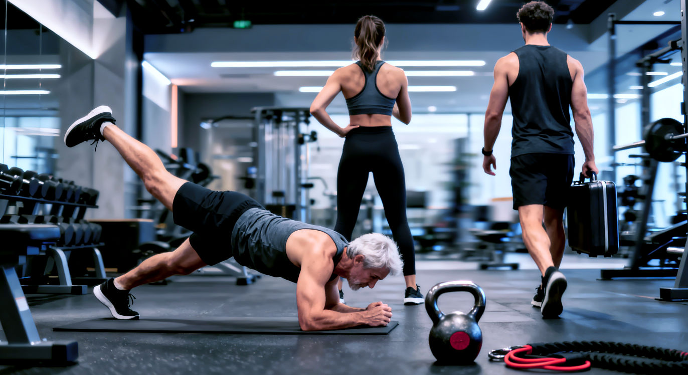 Professional DSLR photo, 16:9, dynamic gym lighting.
Subject: A group of three athletes (male and female, various ages) performing a core circuit. One is doing a Dead Bug, another a Pallof Press (standing, facing away from camera), and a third is walking with a Suitcase Carry (kettlebell visible). All are showing good form.
Foreground: A kettlebell and a resistance band are subtly placed to suggest the equipment.
Background: A modern, well-equipped gym with other equipment blurred in the background, conveying activity and routine.
Mood: Energetic