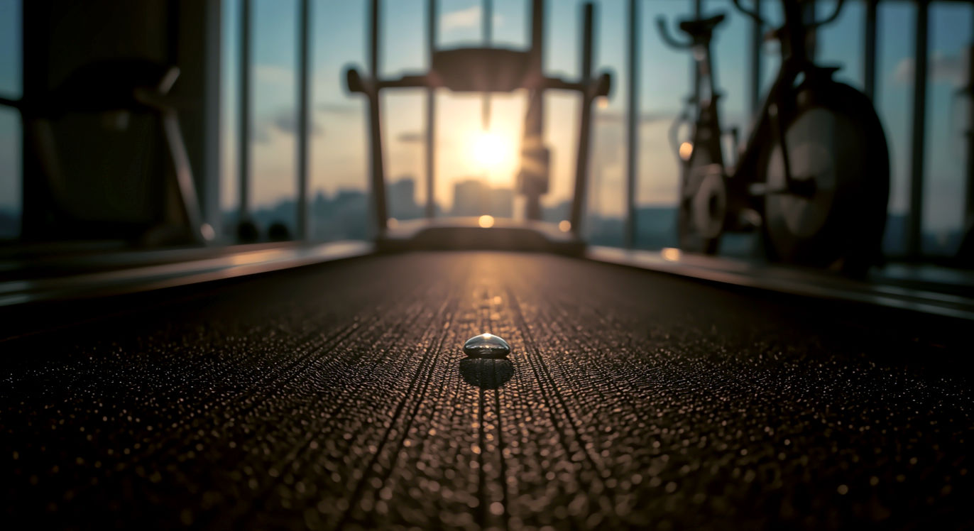 Professional DSLR photo, 16:9, golden-hour side light. Subject: A modern treadmill and a stationary bike side-by-side in an empty, professional gym. Foreground: The texture of the rubber treadmill track, with a small bead of sweat on it. Background: The warm light of a sunset streams through a large gym window, blurred in the background. Mood: Decisive Note: NO text, NO abstract graphics. No people.