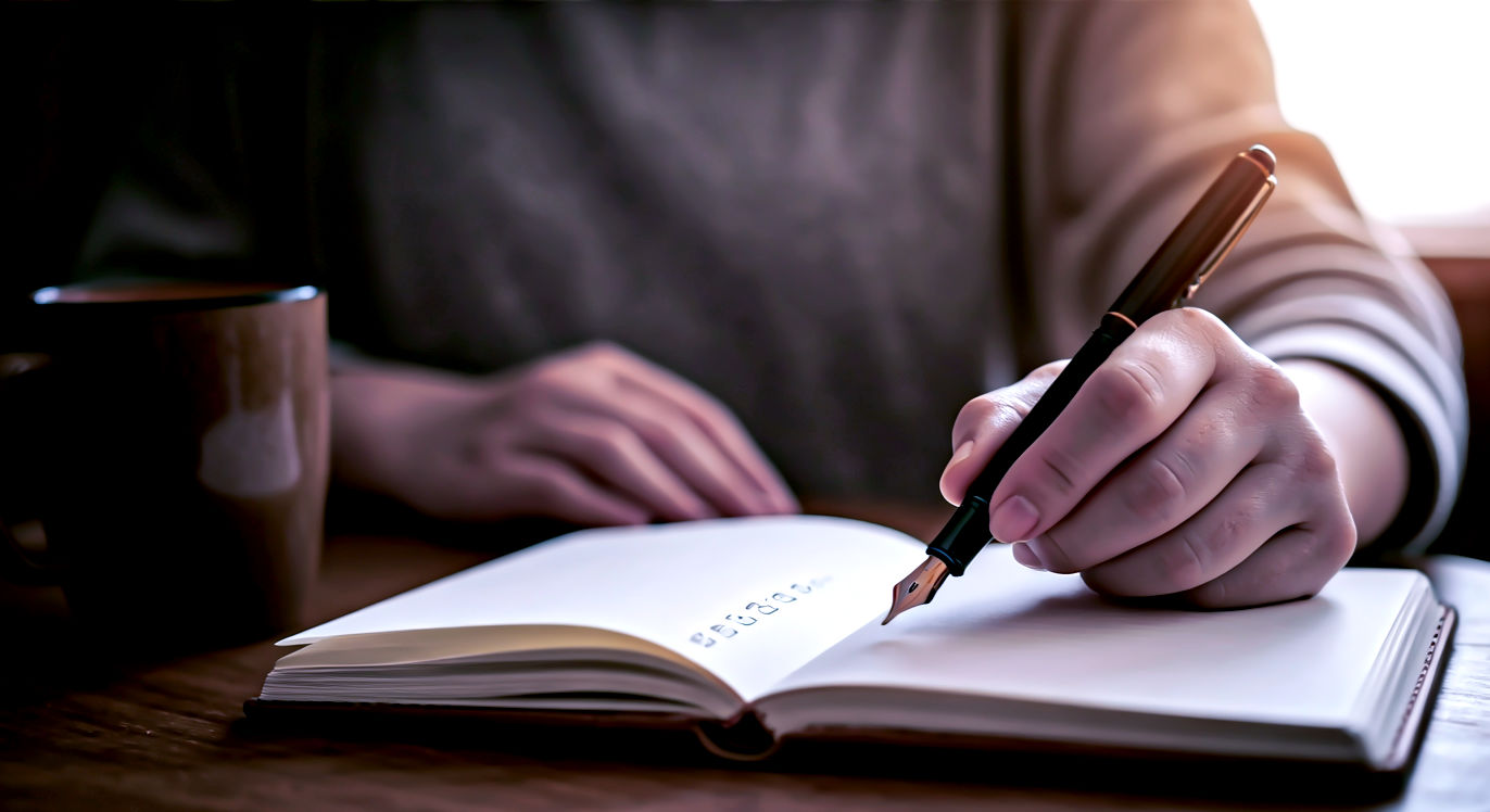 Professional DSLR photo, 16:9, soft morning window light.
Subject: A person's hands writing in an open, rustic leather-bound journal.
Foreground: The nib of a classic fountain pen, just touching the paper as it writes a simple, illegible list.
Background: A cozy, slightly blurred setting, featuring a steaming mug of tea on a wooden table beside the journal.
Mood: Sincere.
Note: NO text, NO abstract graphics. The focus is on the *act* of reflection.