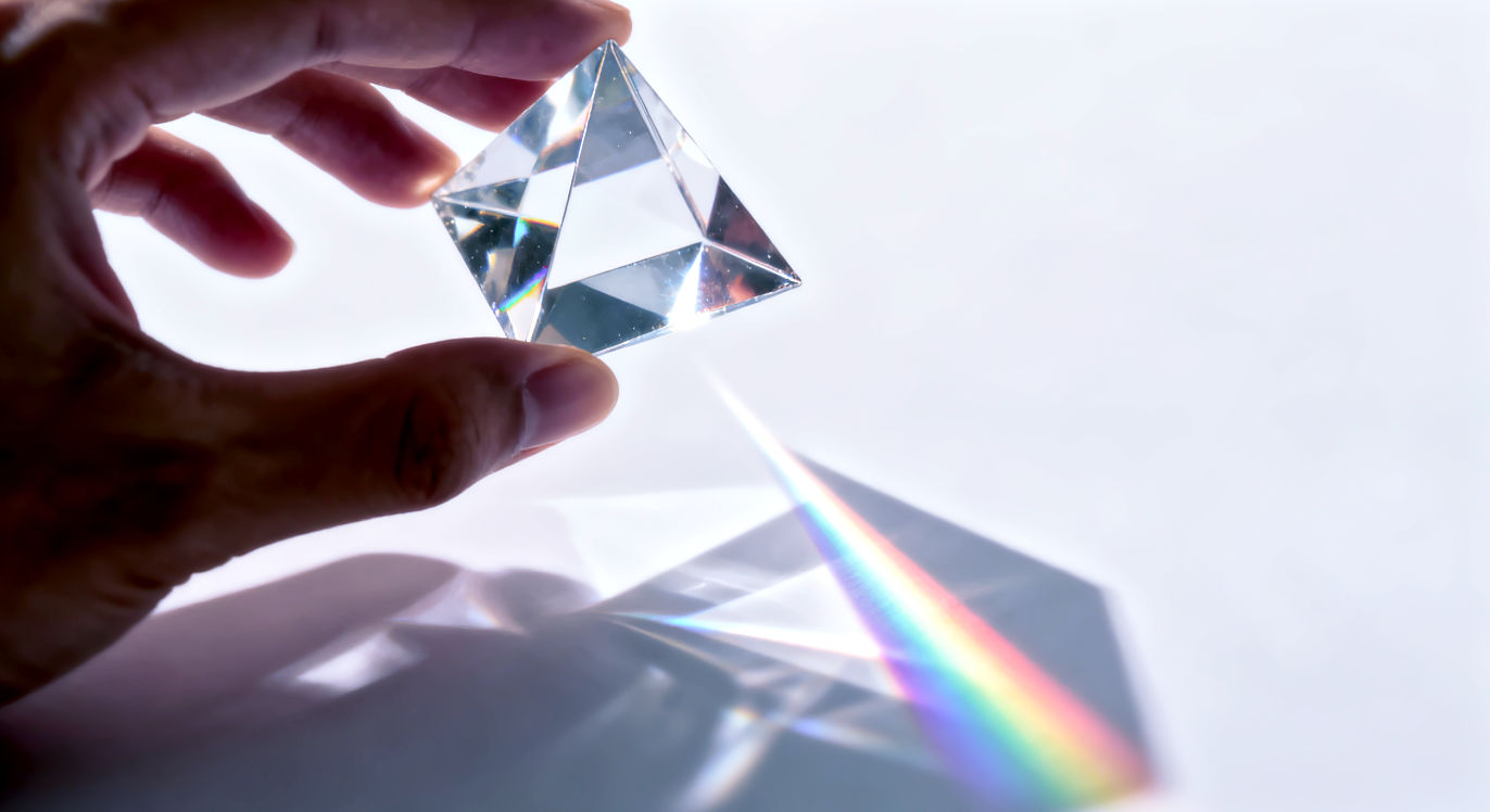 Professional DSLR photo, 16:9, clean studio light. Subject: A clear crystal prism or magnifying glass held up, sharply in focus. Foreground: The prism/glass is actively refracting a single beam of light into a clear, sharp spectrum on a clean white surface. Background: The area outside the prism/glass is slightly distorted and blurred, representing the "myths" or unclear thinking. Mood: Clarity Note: NO text, NO abstract graphics. The image should visually represent the idea of separating distortion (myths) from clarity (truth).