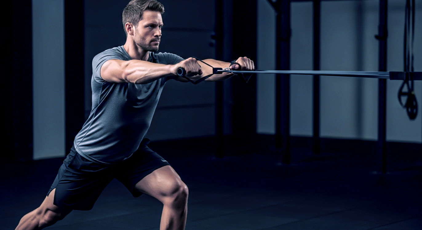 Professional DSLR photo, 16:9, bright studio light. Subject: A male or female athlete in their 30s, viewed from the side, performing a perfect "Pallof Press" with a resistance band. Foreground: The resistance band is taut, showing the tension. Their expression is focused and intense. Background: A clean, modern gym environment (e.g., dark grey walls, rubber flooring), slightly out of focus. Mood: Powerful Note: NO text, NO abstract graphics. The focus is on the perfect, braced form of the athlete.