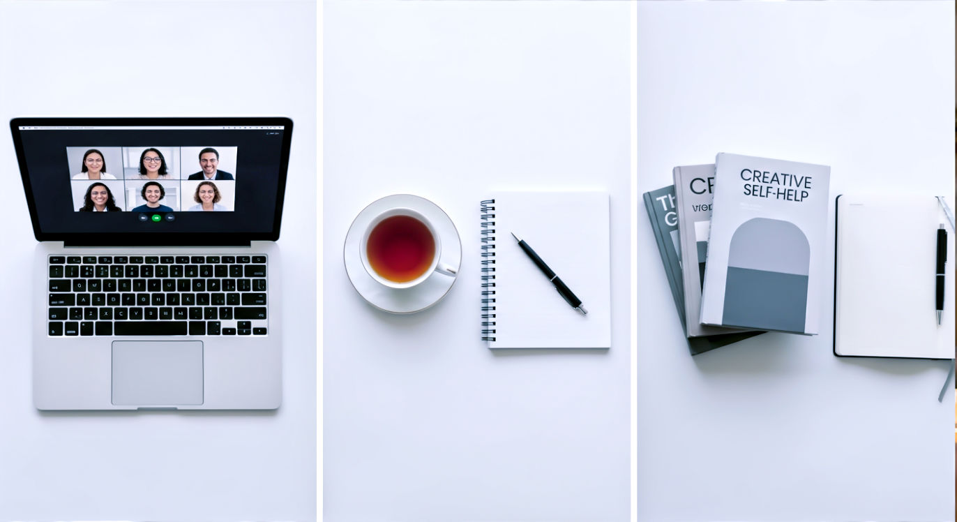 A clean, organized, top-down flat-lay photograph that visually compares different creative support systems. The image is split into three vertical sections. The left section shows a laptop open to a professional video call with multiple (4-5) faces in a grid, representing group coaching. The middle section shows a single teacup and a notepad with a pen, implying a focused 1-on-1 session. The right section shows a stack of well-known creative self-help books (like The Artist's Way) next to a personal journal. The lighting is even and bright, giving a practical, "options-oriented" feel.