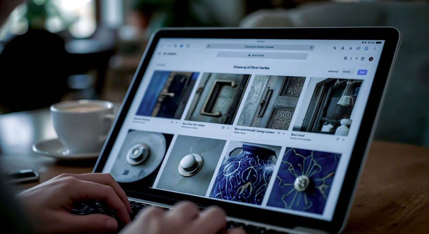 Professional DSLR photo, 16:9, soft, reflected light from the screen. Subject: A close-up of a tablet or laptop screen displaying a digital moodboard (like a Pinterest board or Canva document). Foreground: The screen is in sharp focus, showing a grid of 9-12 images with a hyper-specific theme (e.g., "Close-ups of Art Deco Door Handles" or "Blue and Gold Kintsugi Pottery"). Background: A blurred-out coffee shop or cozy home office, suggesting the curation is happening in a personal, comfortable space. Mood: Curated. Note: NO text, NO abstract graphics. The theme on the screen should be visually distinct and specific.