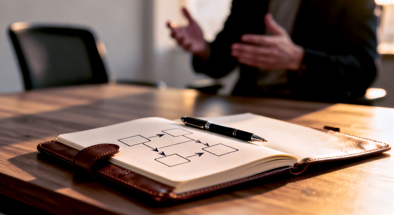 Professional DSLR photo, 16:9, golden-hour side light. Subject: A clean, modern wooden desk from a 45-degree angle. Foreground: A high-quality leather-bound notebook and a pen, with a few strategy diagrams (boxes, arrows) drawn on the open page. Background: Softly blurred, a person's hands (out of focus) are visible, gesturing as if in the middle of a deep conversation, opposite an empty chair. Mood: Strategic Note: NO text, NO abstract graphics. The focus is on the tools of strategy and conversation (the notebook, the gestures).