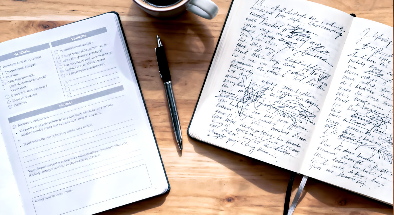 A professional, top-down (flat-lay) photograph showing a compelling side-by-side comparison that captures the "Structure vs. Freedom" theme. On the left, a structured, open guided journal with neat, filled-in prompts. On the right, a classic, messy, open standard journal with sprawling, handwritten, stream-of-consciousness text. A stylish pen rests between the two. The background is a clean, warm wooden desk, perhaps with a coffee mug just in frame. The lighting is soft, natural, and bright, creating an inviting, thoughtful, and clean mood.