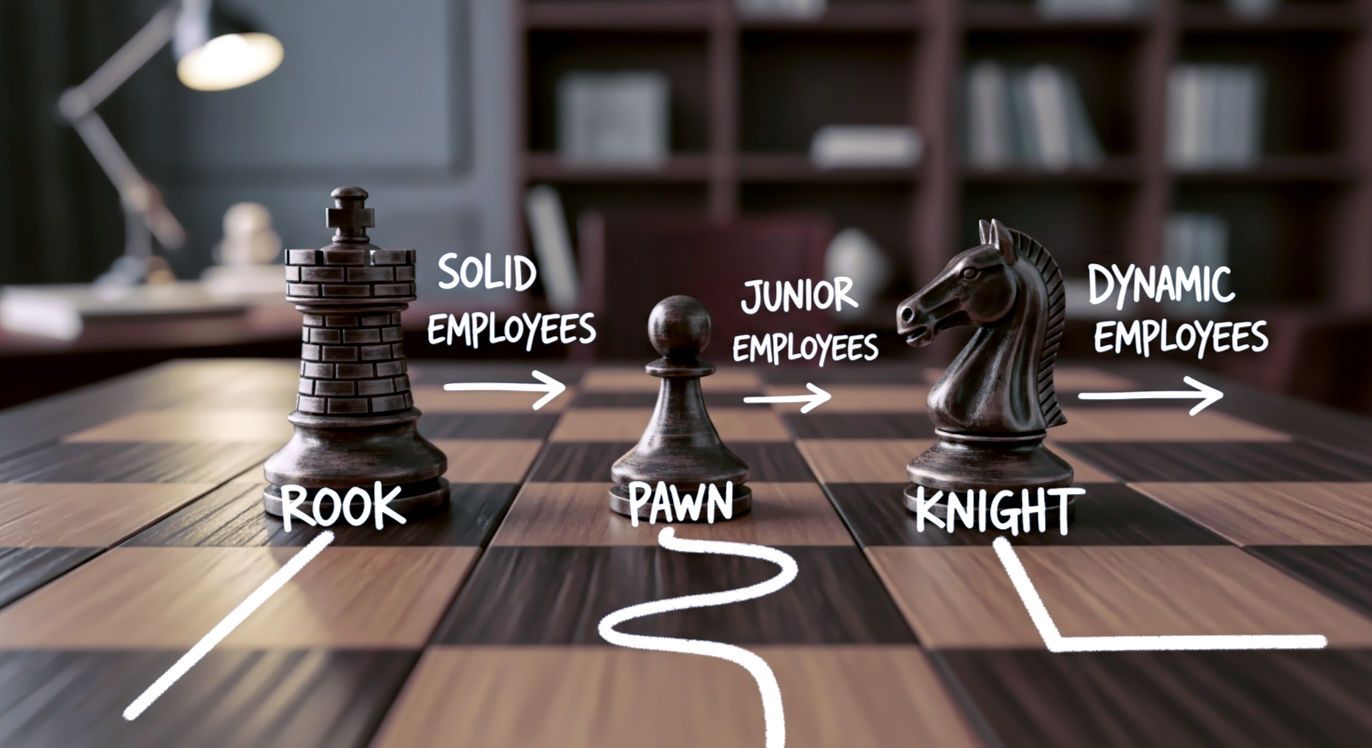 Professional DSLR photo, 16:9, warm, focused lighting. Subject: A set of three distinct, small, stylized figurines or chess pieces on a chessboard, representing different employee types (e.g., a "Rook" for solid, a "Pawn" for junior, a "Knight" for dynamic). Each piece has a small, distinct "path" drawn in chalk on the board in front of it, indicating different trajectories. Foreground: The detailed textures of the chessboard and pieces. Background: A slightly blurred, sophisticated study or office setting.