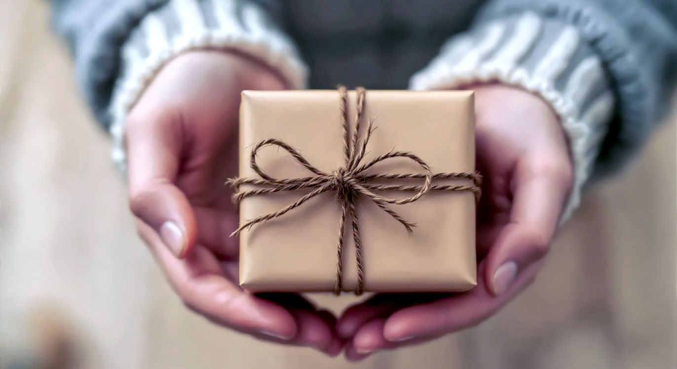 A person's hands offering a simple, thoughtfully wrapped present to another. Mood: Thoughtful, Kind.