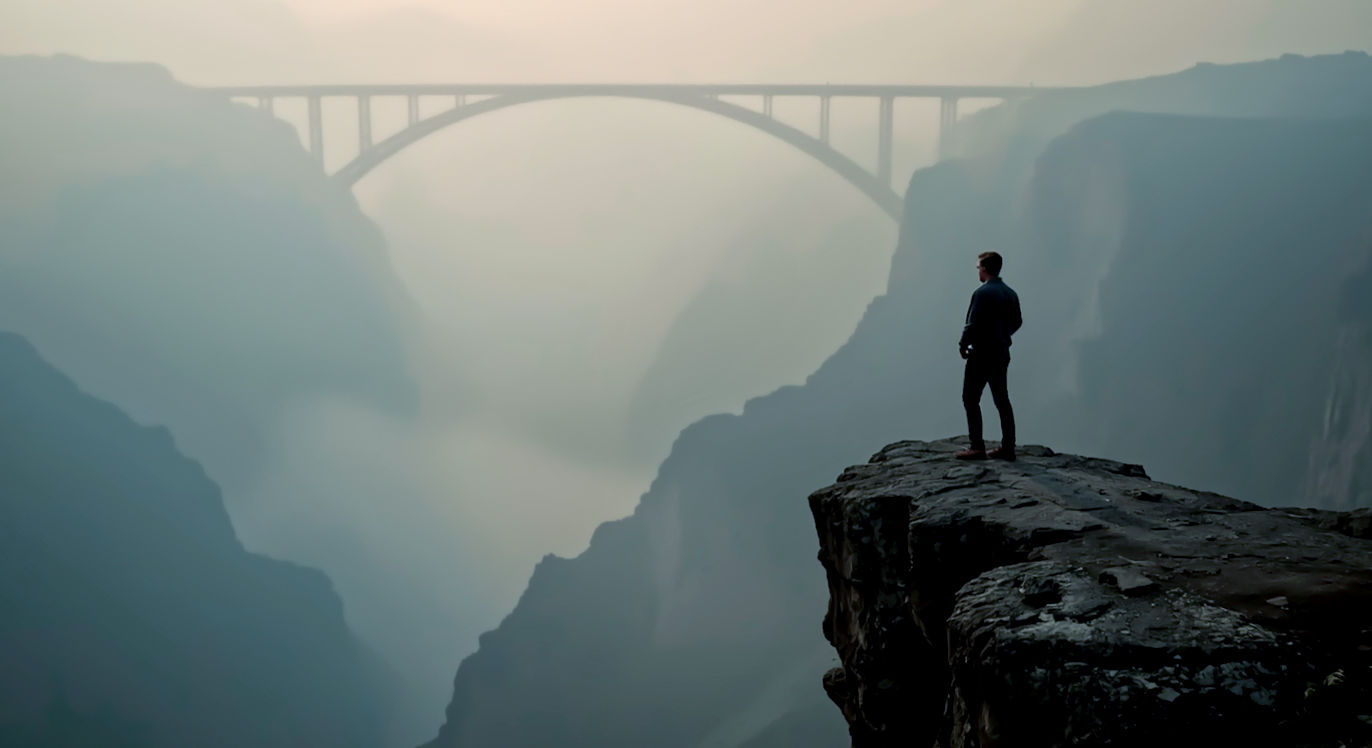 > Professional DSLR photo, 16:9, golden-hour side light.
> **Subject**: A man standing at the edge of a vast, misty canyon. A bright, clear bridge is visible just ahead.
> **Foreground**: A few loose, small rocks at the edge of the cliff.
> **Background**: A slightly blurred, dramatic landscape where the mist is beginning to clear, revealing strength and possibility.
> **Mood**: Overcoming