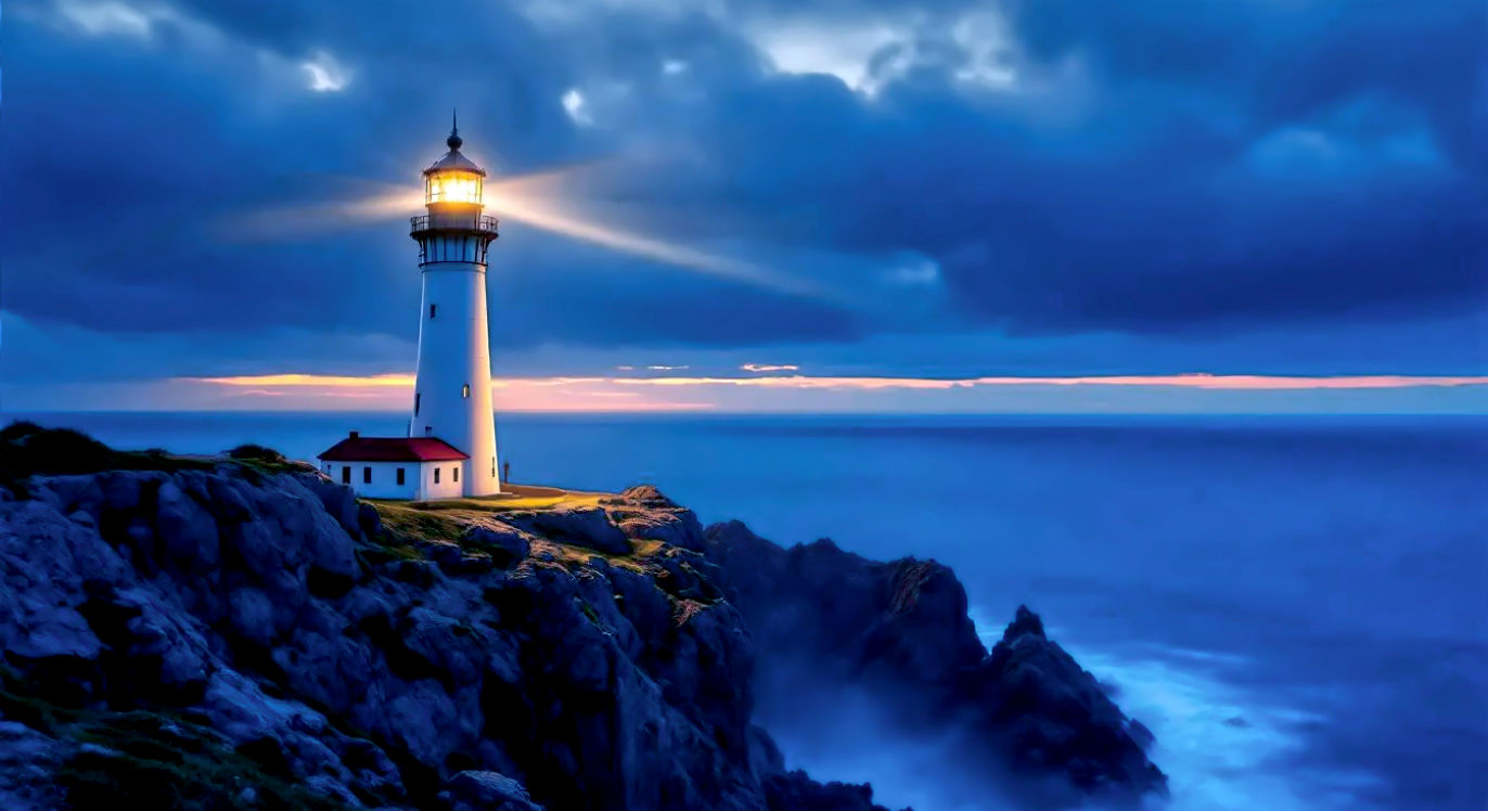 Professional DSLR photo, 16:9, golden-hour side light. Subject: A tall, striking, and modern white lighthouse standing alone on a rugged, rocky cliff. Foreground: The beam of light from the lighthouse is on, cutting clearly through the early-evening mist. Background: A deep blue-purple ocean and a stormy, dramatic sky at dusk. Mood: Authoritative Note: NO text, NO abstract graphics.