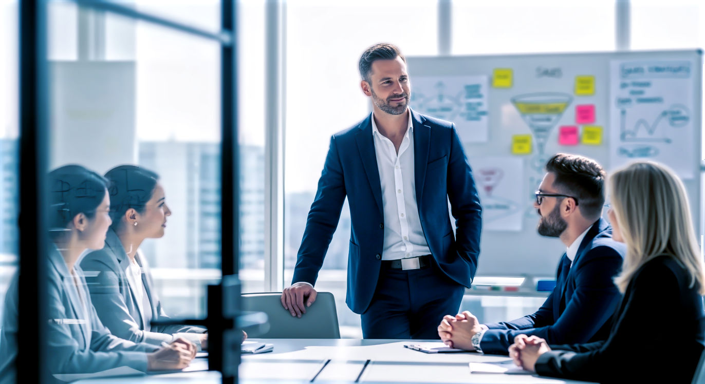 A professional, sharp, eye-level photograph of a male sales trainer in a modern, sunlit office. He's standing, not sitting, in a glass-walled conference room, leaning casually against the table. He's in his late 40s, dressed in a sharp (but not stuffy) business-casual outfit (e.g., a high-quality navy blazer, open-collared white shirt, dark trousers). He is actively listening to a small, diverse group of 3-4 B2B sales reps (seated) with a look of engaged, intelligent focus. A whiteboard behind him has diagrams and notes about a sales funnel, but it's slightly out of focus. The mood is collaborative, professional, and bright.
