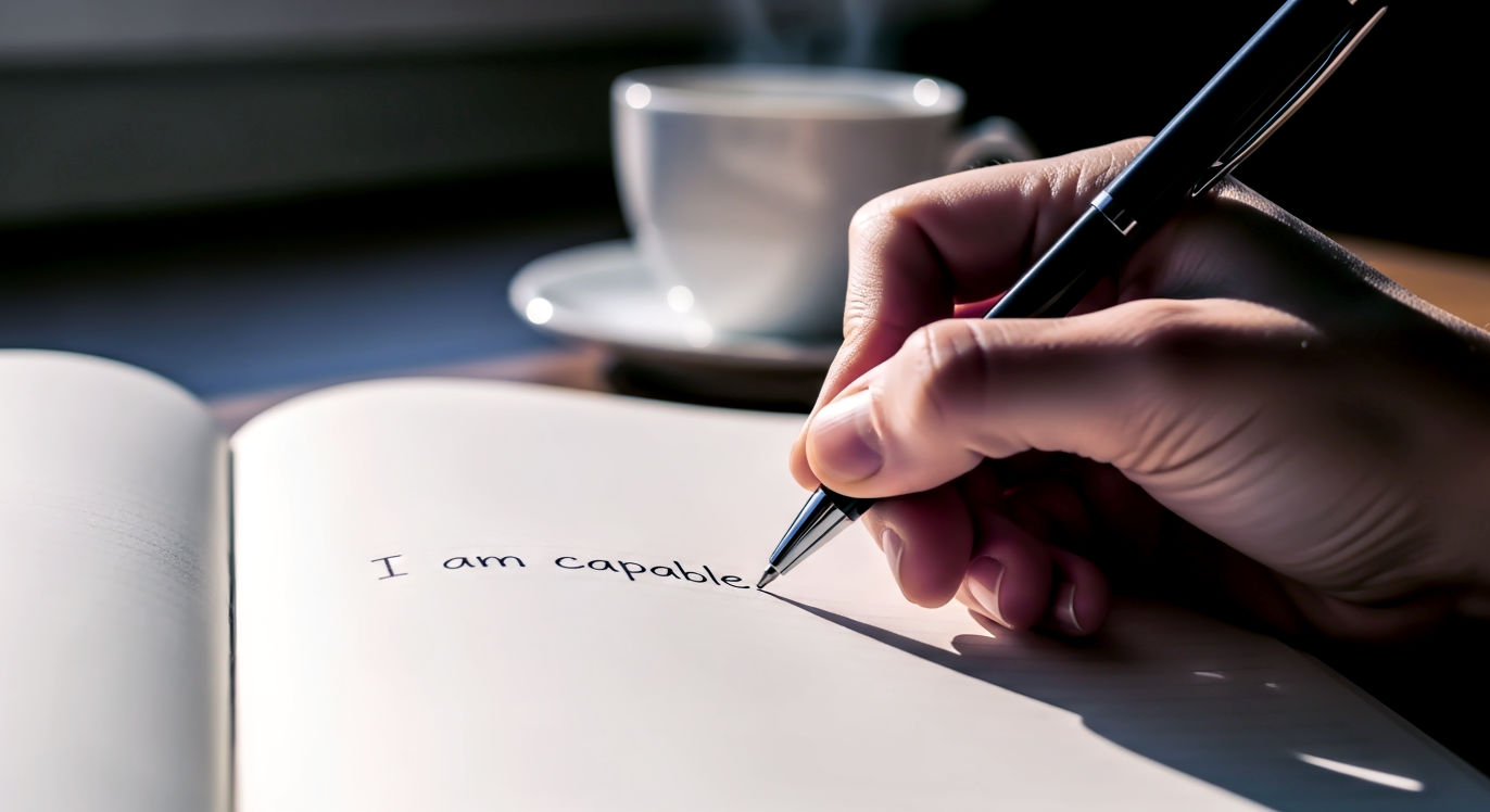 > Professional DSLR photo, 16:9, natural daylight. > **Subject**: A hand (gender-neutral) slowly and deliberately writing a short, positive affirmation ("I am capable") in a simple, open notebook with a pen. The focus is on the writing action and the words. > **Foreground**: The texture of the paper and the pen. > **Background**: A softly blurred corner of a desk with a warm cup of coffee, suggesting a morning routine. > **Mood**: Focused > **Note**: NO text, NO abstract graphics. Avoid people unless they are named, central historical figures.