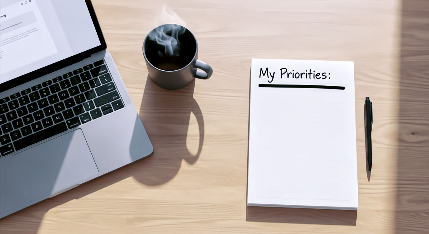 A professional overhead photograph of a clean, organized desk. On one side, a laptop and a steaming mug of coffee. On the other side, a single, crisp white notepad with the words "My Priorities:" written at the top, and a clear, thick black line drawn neatly underneath it. The lighting is bright, natural, and warm. The mood is calm, focused, and empowered.