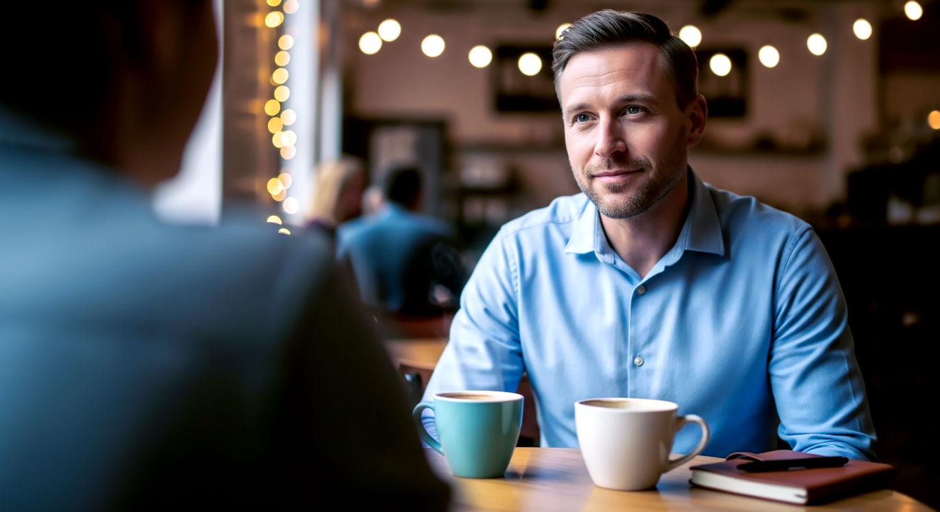 A lifelike, over-the-shoulder photograph capturing a quiet, constructive conversation between two friends at a cozy, well-lit coffee shop. The person in the foreground is partially blurred, with the focus on the other friend who is listening with a thoughtful, open, and receptive expression (not defensive or angry). This composition highlights the act of respectful listening. Two coffee mugs rest on the table between them, symbolizing a peaceful, shared connection. The mood is mature, calm, and respectful.