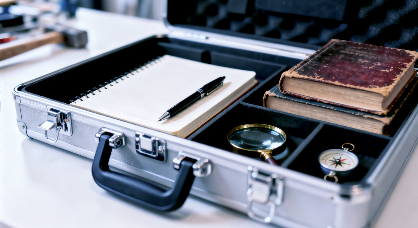 Professional DSLR photo, 16:9, bright, clean studio light. Subject: An open, modern, and organized toolbox. Instead of traditional hardware, the compartments contain items symbolic of mental growth: a clean journal and pen, a few well-worn books, a magnifying glass, and perhaps a small compass. Foreground: The open latch of the toolbox, in sharp focus. Background: A clean, slightly blurred workbench or desk surface. Mood: Practical Note: NO text. The image should visually communicate the idea of a "toolkit for the mind" and the practical application of growth strategies.