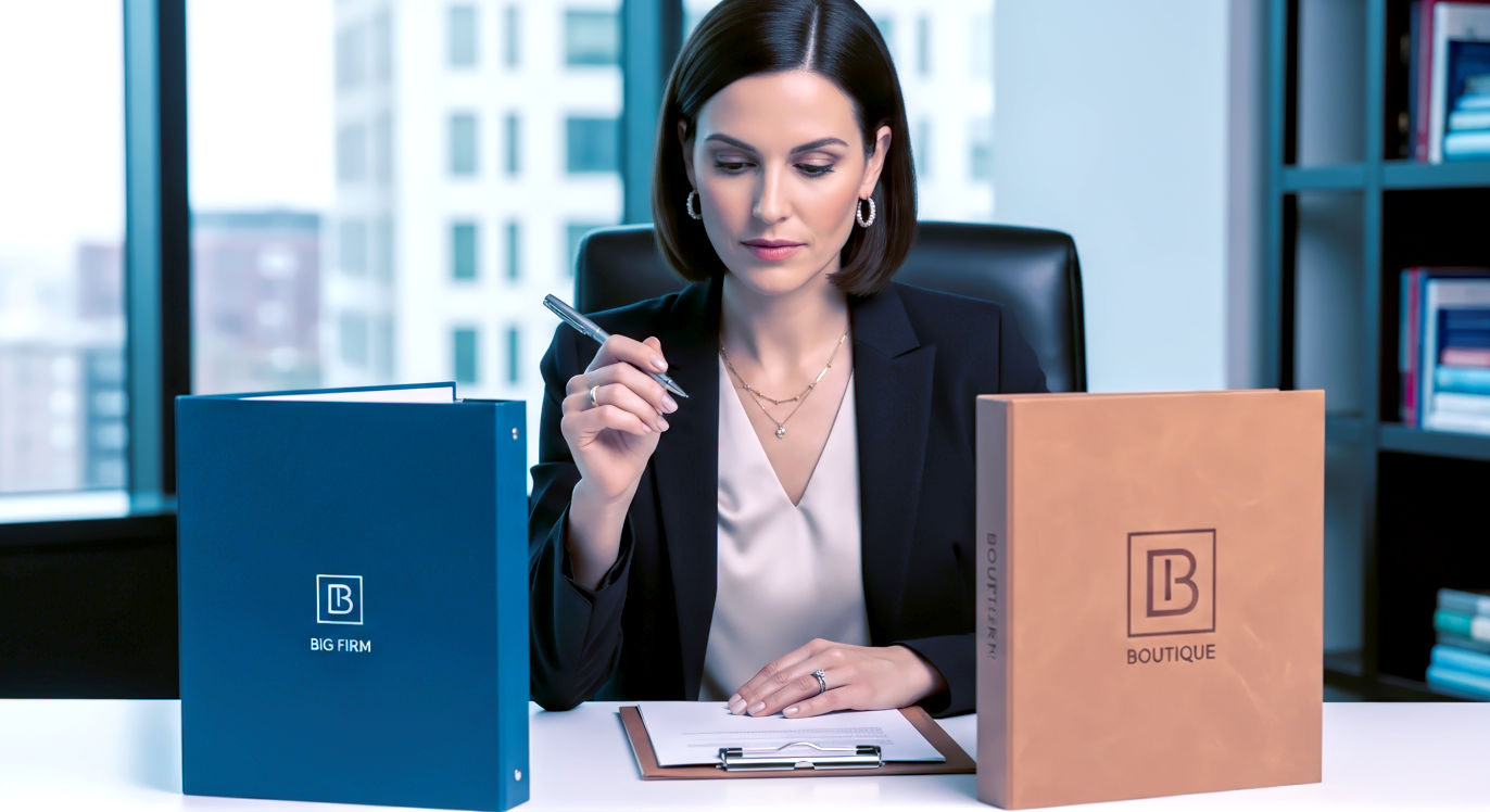 A professional photograph capturing a moment of strategic decision. A VP of Sales, a woman in her 40s with a thoughtful expression, is in her office. Her desk is in sharp focus, and on it are two distinct items: a sleek, polished, corporate-looking binder (representing a 'big firm') and a more personalized, custom-bound proposal (representing a 'boutique' firm). She is holding a pen and looking down at them, clearly in the middle of making a critical choice. The mood is quiet, intelligent, and decisive.
