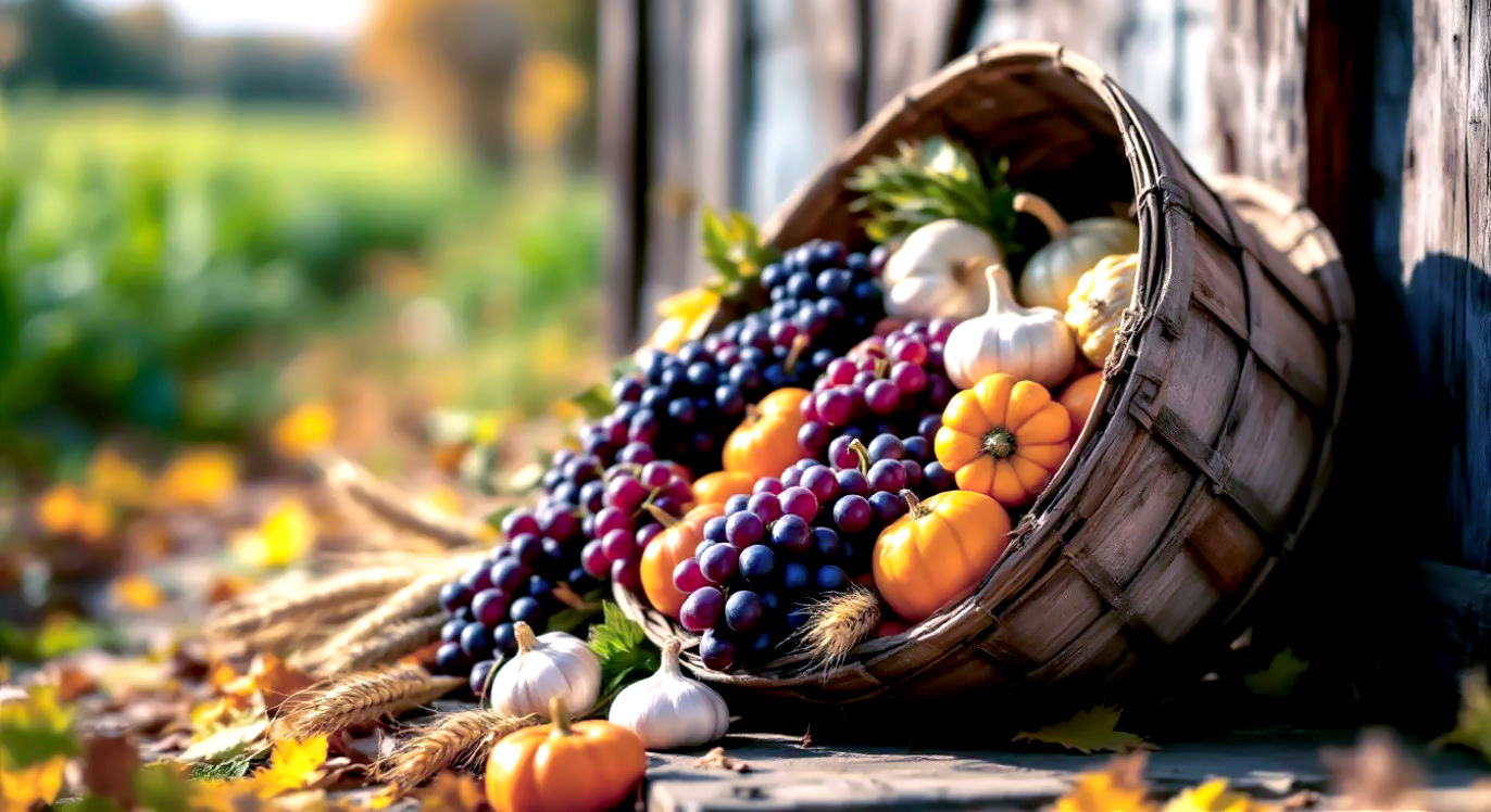 Professional DSLR photo, 16:9, bright autumn afternoon sunlight. Subject: A rustic, weathered wooden basket tilted on its side, overflowing with colorful, authentic harvest produce. Foreground: A cascade of items: deep purple grapes, a head of garlic, small ornamental gourds, and shafts of wheat. Background: A blurred farm field or the side of a rustic barn, setting the "harvest" scene. Mood: Abundant. Note: NO text, NO abstract graphics. It should look like a real, bountiful harvest.
