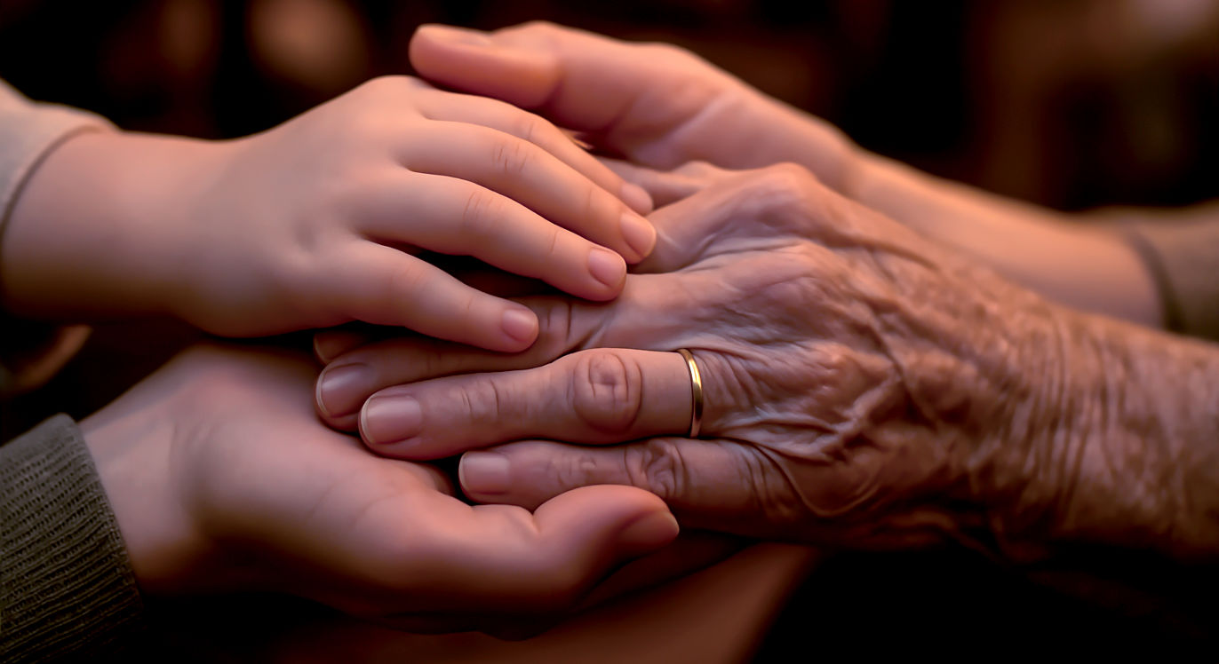 Professional DSLR photo, 16:9, warm indoor light, like from a fireplace. Subject: A tight shot of three hands of different generations (e.g., a small child's, a mother's, a grandmother's) clasped together. Foreground: The texture of the skin—the child's smoothness and the older hand's wrinkles and simple ring. Background: Softly blurred, warm tones, suggesting a dining room or living room environment. Mood: Connected. Note: NO text, NO abstract graphics. The focus is purely on the hands as a symbol of the family bond.
