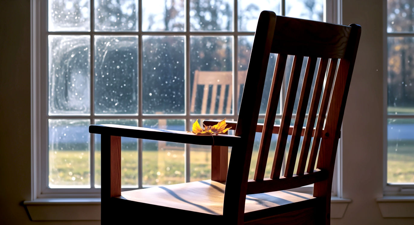 Professional DSLR photo, 16:9, cool, late-afternoon side light coming through a window. Subject: A simple, comfortable, empty wooden armchair, angled towards a large window. Foreground: A single, colorful autumn leaf resting on the arm of the chair or on the floor beside it. Background: The window shows a blurred view of a quiet autumn scene. A few dust motes are visible in the light beam. Mood: Peaceful. Note: NO text, NO abstract graphics. The image is about the stillness and the invitation to pause.