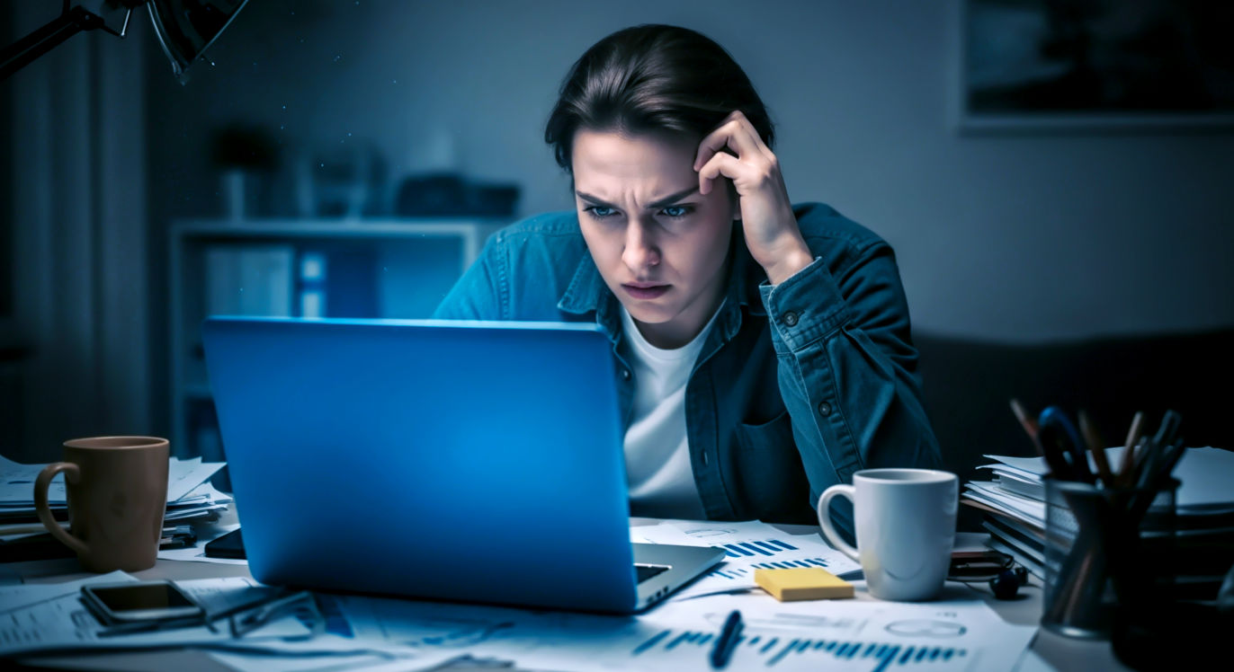 A professional, lifelike photograph capturing a moment of intense stress. A person is shown at a cluttered desk in a home office. Their shoulders are hunched up by their ears, and one hand is rubbing their temple, eyes fixed on a laptop screen that is casting a cool, blue light on their tense face. The mood is one of being completely overwhelmed and stuck in "fight-or-flight" mode. The composition is a tight medium shot, emphasizing the person's strained expression and the chaotic work environment just out of focus behind them.