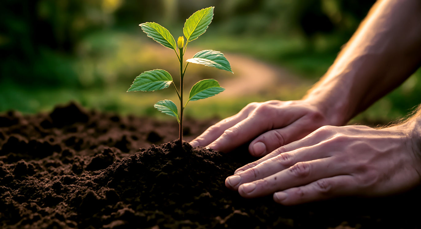 Professional DSLR photo, 16:9, golden-hour side light. Subject: A healthy, small sapling being planted, its roots just taking hold in rich soil. Foreground: A pair of hands carefully patting down the soil around the base of the young plant. Background: A blurred-out garden or park with a winding path visible, suggesting a journey ahead. Mood: Nurturing Note: NO text, NO abstract graphics.