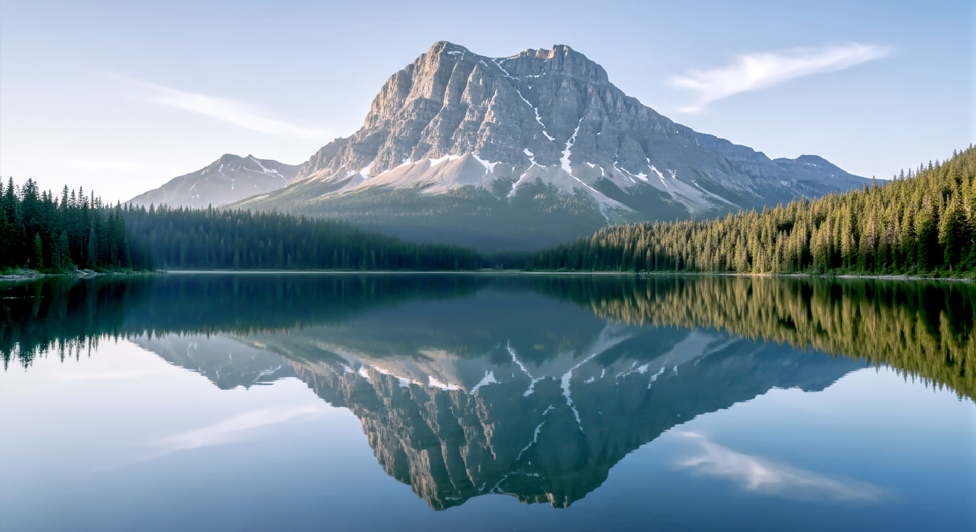 Professional DSLR photo, 16:9, soft morning light. Subject: A perfectly still, glass-like mountain lake. Foreground: The mirror-like reflection of a single, massive, unmoving mountain in the water. Background: The mountain itself, with a clear, peaceful sky above it, illustrating the command to "Be still" (Psalm 46:10). Mood: Still. Note: NO text, NO abstract graphics. The image should convey profound, unshakable calm.
