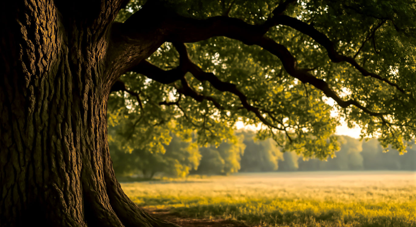 Professional DSLR photo, 16:9, golden-hour side light. Subject: A large, mature, and healthy oak tree with a strong trunk and a wide, protective canopy. Foreground: The complex, textured bark of the main trunk, showing depth and age. Background: A soft-focus view from under the canopy, looking out at a bright, sunny field, suggesting the shade and shelter the tree provides. Mood: Enduring Note: NO text, NO abstract graphics.