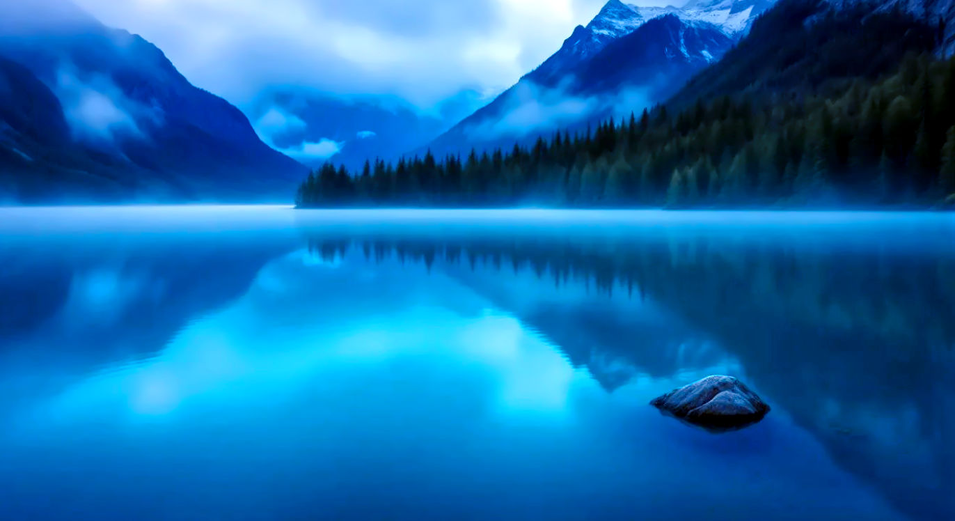 Professional DSLR photo, 16:9, soft dawn light. Subject: A perfectly still, deep blue mountain lake. Foreground: The sharp, mirror-like reflection of a single mountain peak on the water's surface. Background: The misty, tree-lined shore, softly out of focus. Mood: Serene Note: NO text, NO abstract graphics. Avoid people.