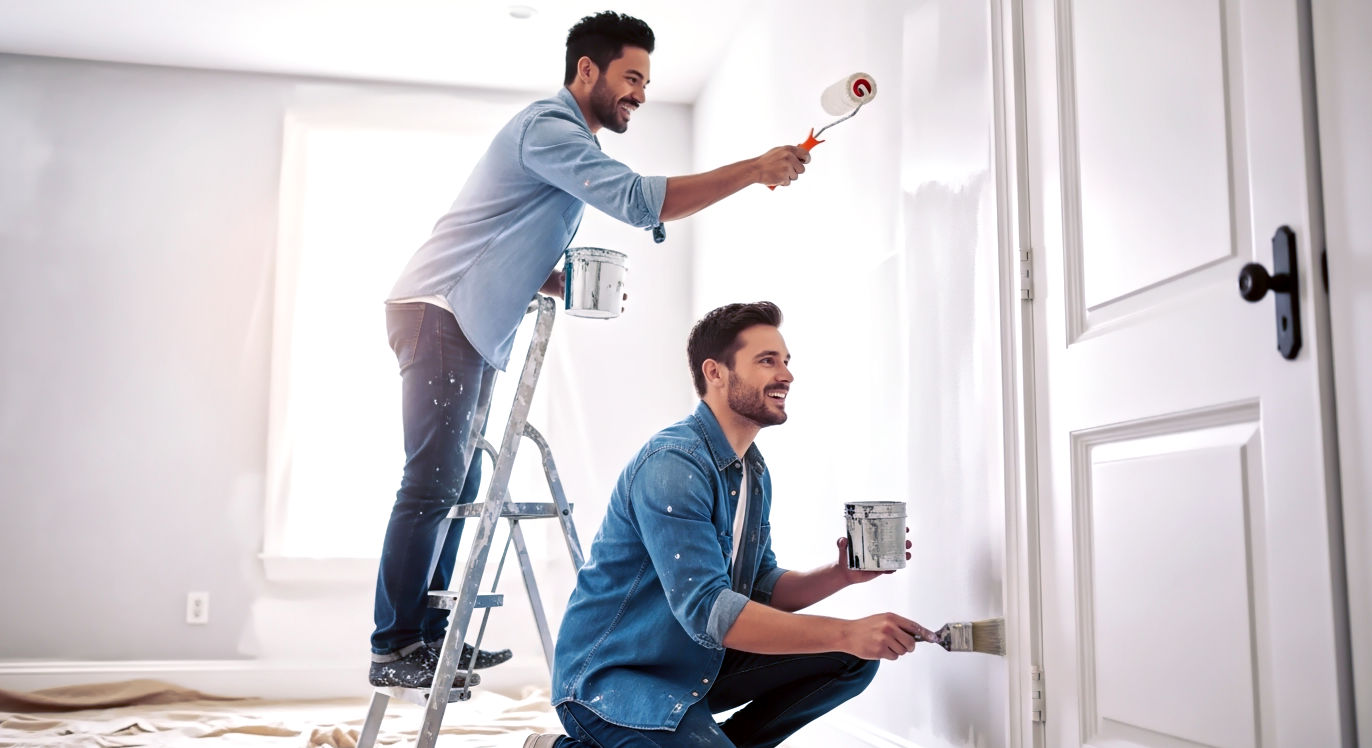 A professional, lifelike photograph showing a dynamic, supportive action. Two adult friends are collaboratively painting a room; one is on a small step-ladder with a roller, and the other is on the ground carefully painting the trim with a brush. They are both in casual clothes, smiling and chatting as they work. The composition is a medium shot that captures their teamwork and the shared, positive effort. The room is bright with natural daylight, and the mood is energetic, collaborative, and supportive.