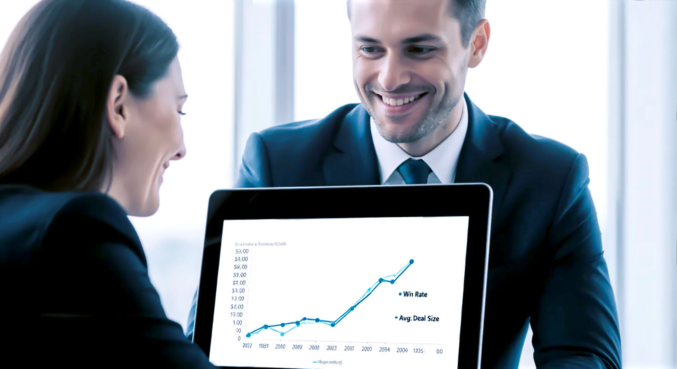 A professional, eye-level photograph showing a positive outcome. A sales manager and a sales trainer (a different person from the main image, perhaps a woman) are looking together at a laptop. The screen is visible and shows a clear, positive upward-trending line graph labeled 'Win Rate' and 'Avg. Deal Size.' Both individuals are smiling with satisfaction, and the manager is giving a subtle nod of approval. This image visualizes the successful measurement of ROI and the 'green flag' of a good partnership.