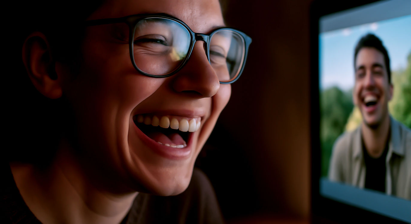A professional, lifelike photograph depicting a long-distance friendship. The image shows a close-up of one friend's face, warmly lit by a computer screen in an otherwise dim room. They are laughing heartily. Reflected in their glasses (or visible on the screen if angled) is the image of their friend on a video call, also laughing, in a completely different environment (e.g., outdoors in daylight). The composition cleverly joins two different worlds, focusing on the shared, joyful emotion that bridges the physical distance. The mood is connected, joyful, and enduring.