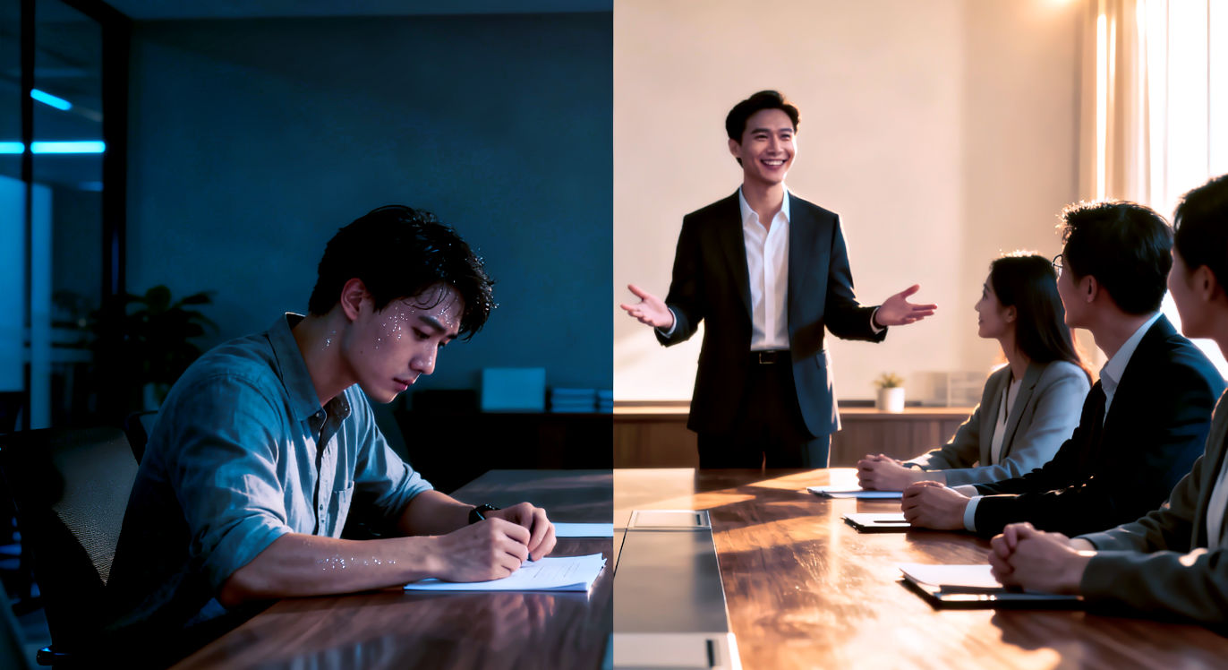 A professional, lifelike photograph. A before-and-after composition shown with a split-screen effect. On the left side, a person in a business-casual office setting looks down at their notes, sweating and visibly nervous at a conference table. On the right side, the same person stands confidently at the head of the same table, gesturing openly and smiling, looking poised and engaging with their colleagues. The lighting on the left is dim and cool; the lighting on the right is warm, bright, and optimistic. The focus is on the clear, tangible transformation of their executive presence.