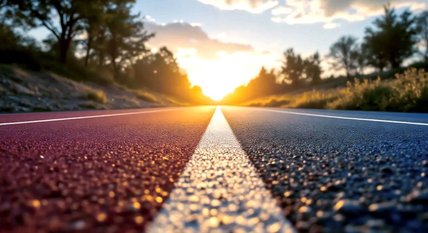 Professional DSLR photo, 16:9, golden-hour side light. Subject: A running track that forks into two distinct paths: one path is a clean, modern rubber track, the other is a rugged, gravel trail. Foreground: The sharp, painted line on the track that marks the exact point of the split. Background: The sun setting or rising directly in the 'V' of the fork, casting long shadows. Mood: Decisive