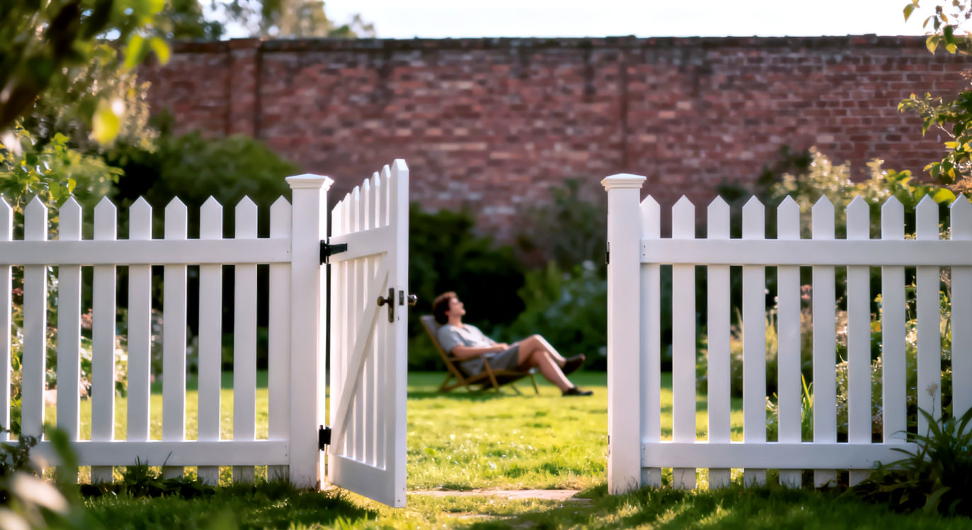 A professional photograph from a low angle. In the foreground, a beautiful, white picket fence with a clearly visible, open gate. Through the gate, a person is seen relaxing in a peaceful, green garden. In the distant background, out of focus, is a tall, imposing brick wall. The lighting is warm, soft, and inviting, emphasizing the concept of a welcoming, controllable boundary.