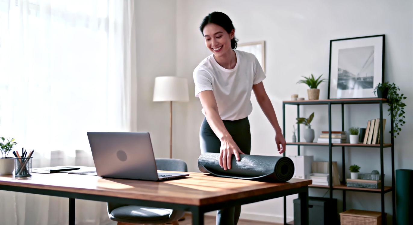A realistic, professional photograph showing a person in their home office. They are stepping away from their desk, where a laptop is open, to pick up a yoga mat. The person is smiling, and the room is bright with natural light. The mood is one of healthy, positive recharging, not of escaping or stress.