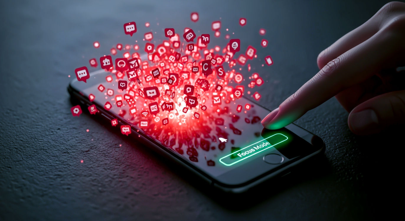 A symbolic, high-concept photograph. A smartphone lies flat on a dark surface. Its screen is brightly lit, with dozens of glowing red notification icons bursting from it like a chaotic explosion. A hand is calmly entering the frame from the right, about to press a clean, simple "Focus Mode" button on the screen, bringing order to the chaos.