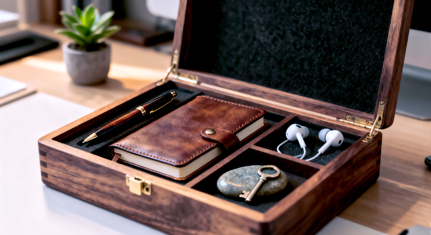 Professional DSLR photo, 16:9, warm indoor light. Subject: An open, beautifully organized wooden toolkit box sitting on a clean desk. Foreground: Instead of traditional tools, the box's compartments neatly hold symbolic items: a nice pen next to a small leather-bound journal, a pair of earbuds, a smooth river stone, and a single, polished key. Background: A softly blurred desk environment, perhaps with a small, healthy plant. Mood: Empowering Note: NO text, NO abstract graphics. The focus is on the tactile, personal "tools" for self-care.