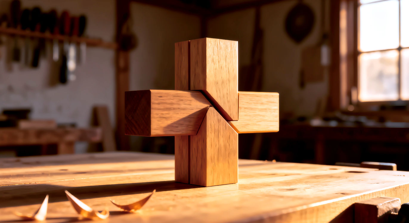Professional DSLR photo, 16:9, golden-hour side light. Subject: A single, solid, beautifully crafted Japanese timber joint, perfectly fitted together, resting on a clean wooden workbench. Foreground: A few stray wood shavings, sharp and in focus. Background: The blurred, warm interior of a craftsman's workshop (e.g., other tools on a wall, a window). Mood: Deliberate. Note: NO text, NO abstract graphics. This image represents the "building" and "structural" metaphor of the article—precision, strength, and process.