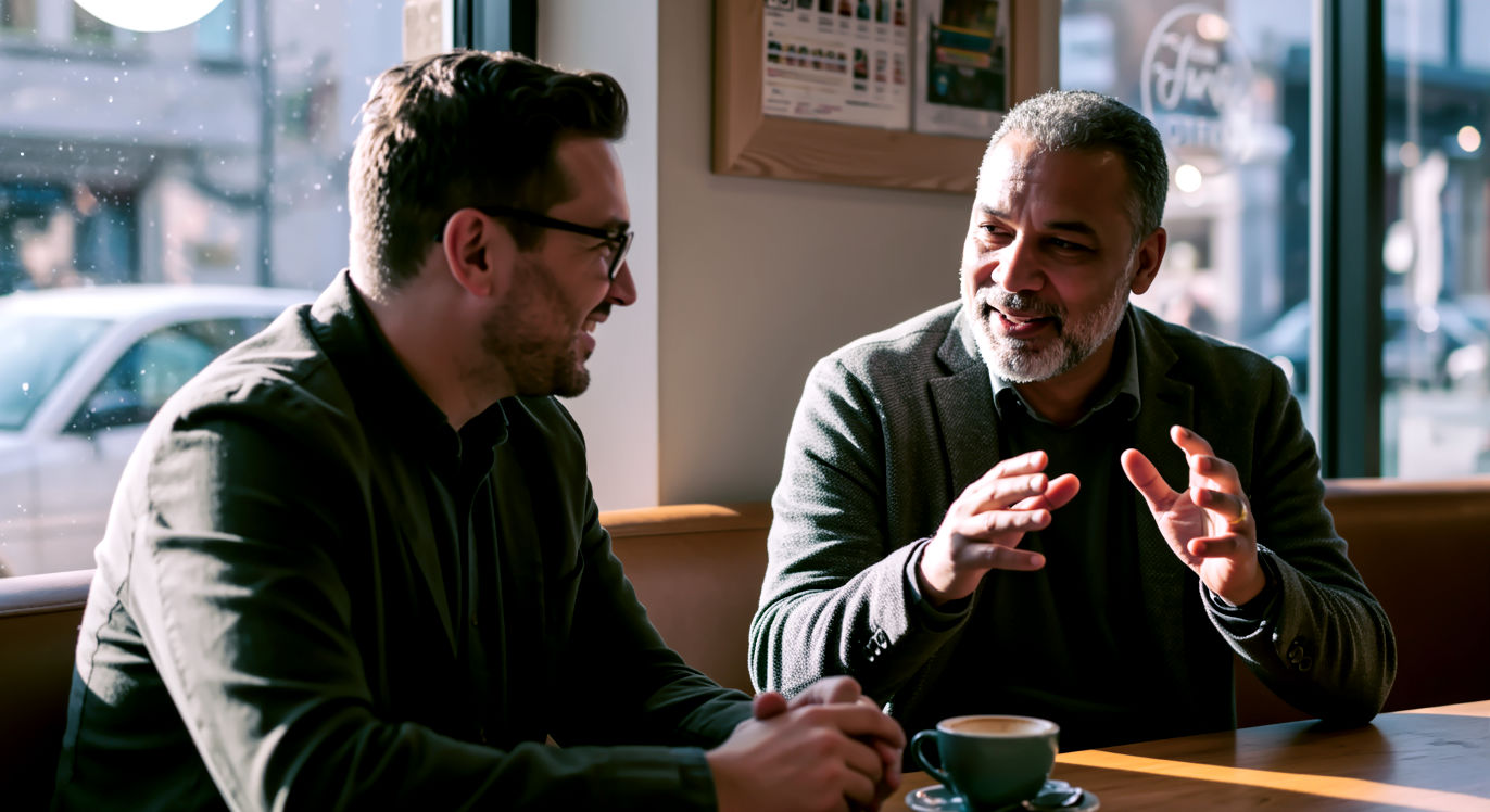 A professional, lifelike photograph capturing a warm, authentic moment between two adult friends. They are sitting in a cozy, sunlit coffee shop, deeply engaged in conversation. One friend is listening intently, smiling, while the other speaks with their hands, a look of trust and openness on their face. The composition is a medium shot, focusing on their expressive faces and comfortable body language. Soft, natural lighting from a window illuminates the scene, creating a feeling of warmth, safety, and genuine connection. The mood is intimate and peaceful.