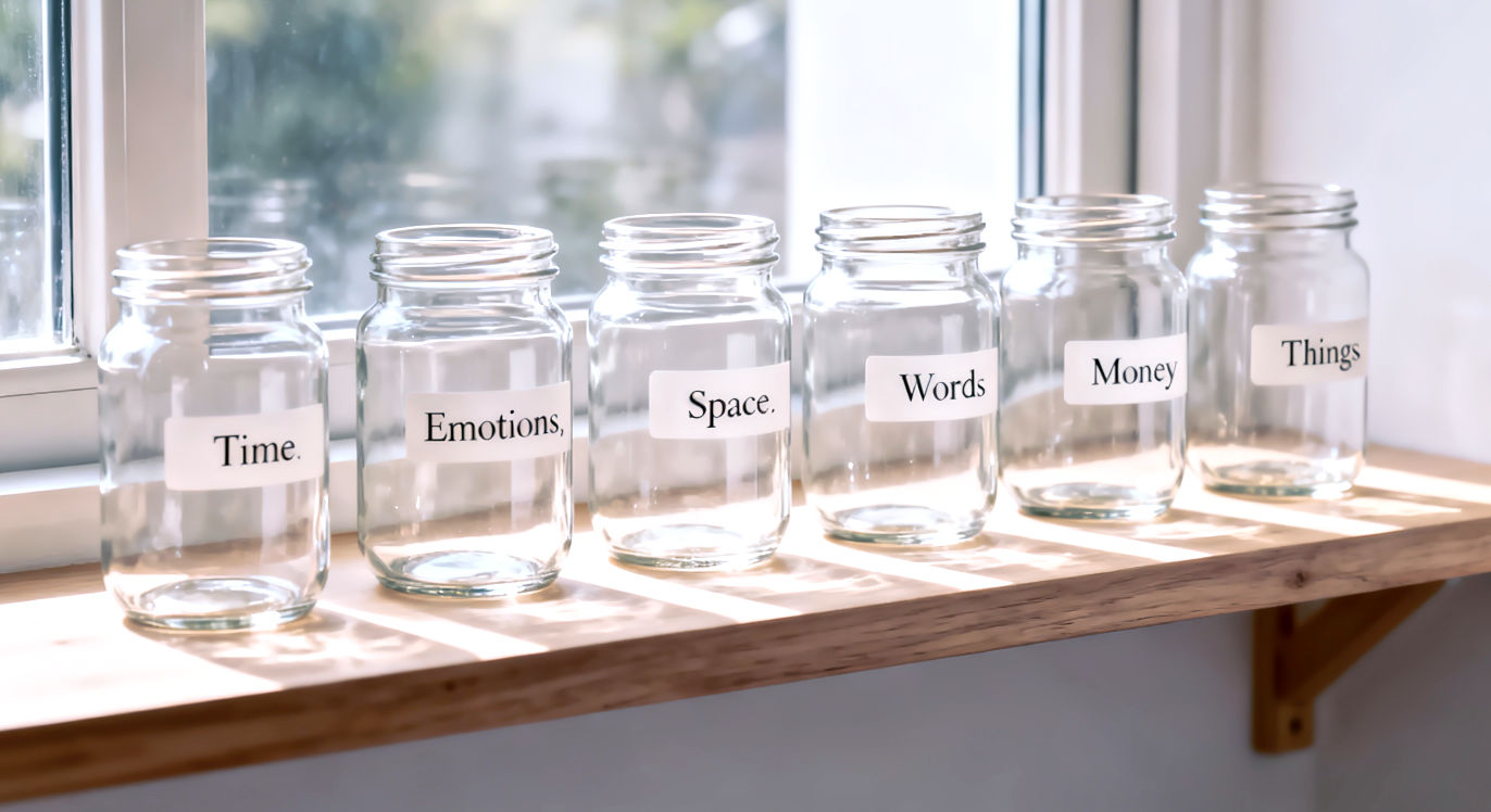A professional, clean photograph showing six beautiful, clear glass jars arranged neatly on a light wood shelf. Each jar has a simple, elegant label: "Time," "Emotions," "Space," "Words," "Money," and "Things." The jars are distinct and organized, symbolizing the clarity and order that boundaries provide. The lighting is soft and natural, coming from a nearby window, creating a calm, positive, and organized mood.