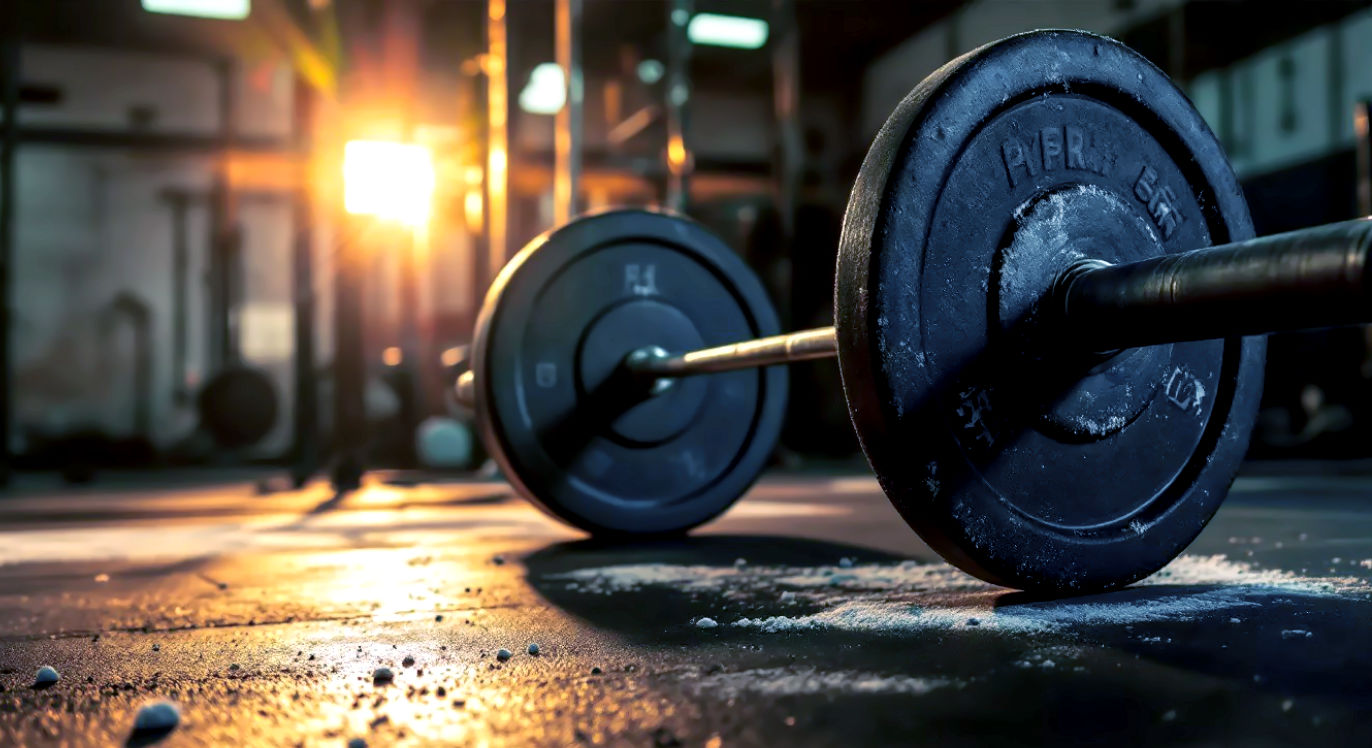 Professional DSLR photo, 16:9, golden-hour side light. Subject: A heavily-loaded barbell sitting in a power rack. Foreground: A small pile of chalk dust on the black rubber floor. Background: The out-of-focus, gritty interior of a serious strength gym (e.g., other racks, chains). Mood: Authoritative Note: NO text, NO abstract graphics. No people.