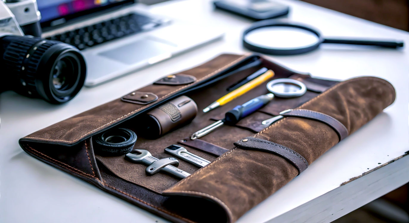 Professional DSLR photo, 16:9, golden-hour side light. Subject: An open, high-quality leather tool roll, revealing a set of well-cared-for, classic tools (e.g., a small wrench, a level, a magnifying glass). Foreground: The rich texture of the leather and the gleam of one of the metal tools. Background: A clean, slightly out-of-focus modern desk or workbench. Mood: Practical. Note: NO text, NO abstract graphics. The tools should represent the core, tangible skills of management.