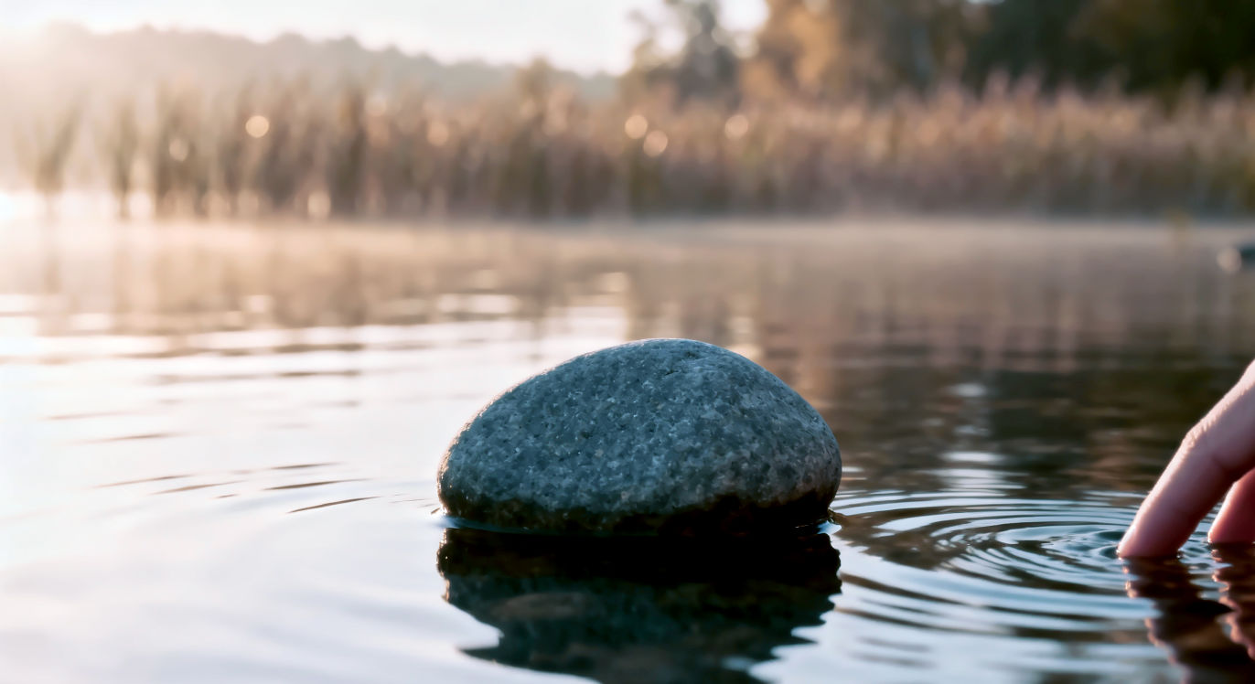 > Professional DSLR photo, 16:9, soft morning light. > **Subject**: A single, smooth, grey river stone with gentle ripples in the water around it, centered. > **Foreground**: The very subtle edge of a hand or fingertip lightly touching the water near the stone, almost out of focus. > **Background**: Blurred, peaceful natural elements like distant reeds or soft light filtering through trees. > **Mood**: Serene > **Note**: NO text, NO abstract graphics. The image should convey gentle presence and observation.